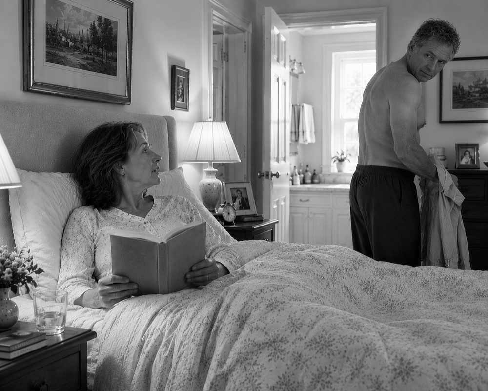 Redress image Black and white photo of short play Redress. Woman in bed looking at a man by chest of drawers